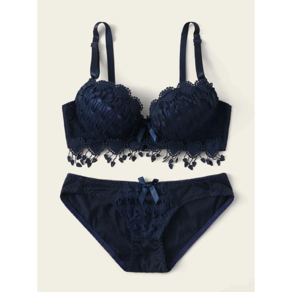 Size 10 Large Navy Blue Crochet Trim Underwire Lingerie Set - Picture 1 of 5